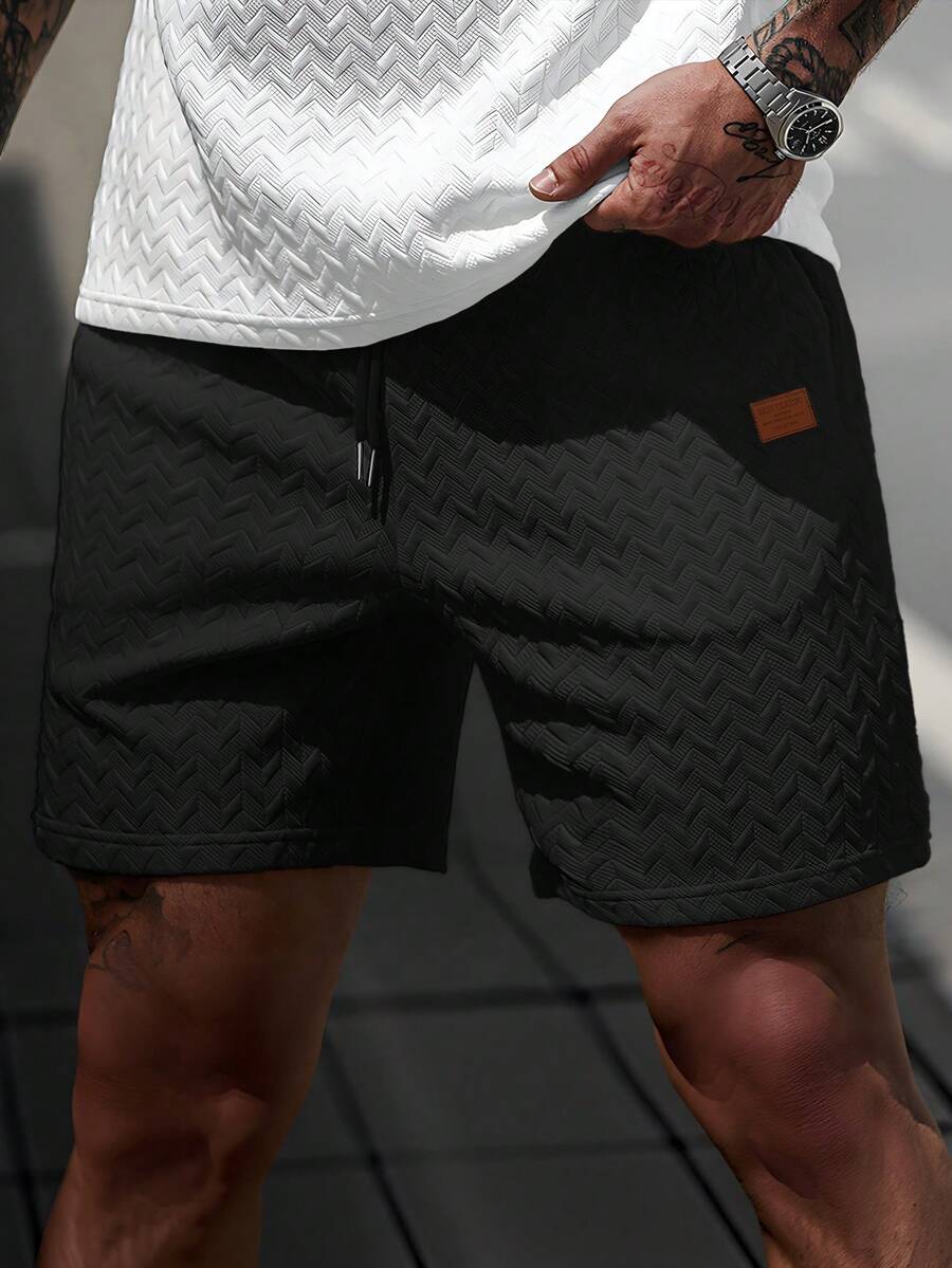 Manfinity CasualCool Men's Black Summer Casual City Break Trapezoidal Jacquard Mesh Fabric Shorts With Ribbed Collar & Drawstring,Designer Streetwear Textured Shorts - Black - View 1