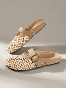 Solecia Women's Shoes Spring And Summer New Woven Upper Buckle Decorative Round Toe Design, Slip-On Dew Heel Comfortable Simple Holiday Flat Shoes - Khaki - View 7