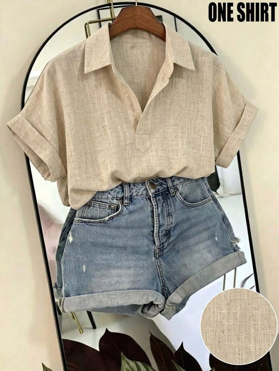 SHEIN Franclia Camisa casual versátil de unicolor para uso diario y salidas de mujer - Caqui - Ver 1