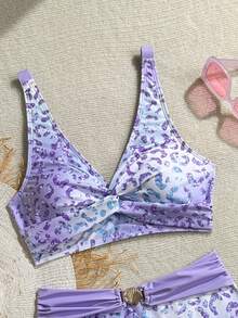 Swim Lushoire Conjunto de traje de baño de dos piezas para mujer madura y conservadora, nuevo para primavera/verano, con estampado de leopardo degradado en color púrpura y doble tirante en los hombros - Multicolor - Ver 4