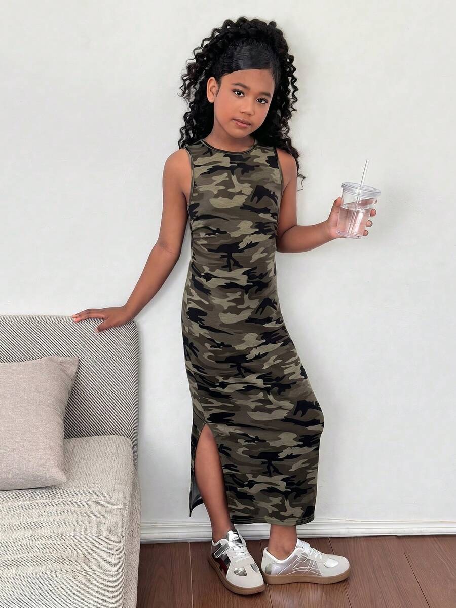SHEIN Tween 女童休闲时尚军绿色针织迷彩腰部褶饰无袖连衣裙 - 綠色 - 查看 1
