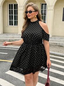 Easura Vestido casual de fiesta para mujer talla grande con lunares, hombros descubiertos y patchwork de encaje - Blanco y Negro - Ver 6