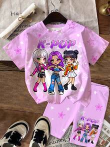 少女休閒簡約卡通女團印花 K-Pop 超級巨星短袖T恤與短褲兩件組，適合夏季 - 彩色 - 查看 3