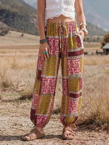 Wildy BOHO Vintage Casual Western Country Print Pattern Women's Autumn Daily Basic Outfit Outing Vacation Holiday Commute Pocket Lantern Pants Pink Floral - Multicolor - View 8