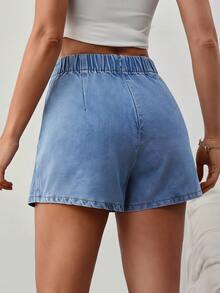 SHEIN EZwear 大尺碼女款休閒百搭牛仔裙褲 側開衩下擺 - 藍色 - 查看 8