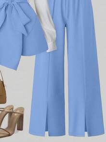 Franclia Minimalist Elegant Autumn Shirt And Straight Leg Split Hem Pants 2 Pieces Set - Blue - View 3