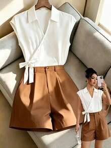 GlowEve CURVE Women's Elegant Summer 2-Piece Set, All White Brown Crossed Neck Tie Waist Shirt Shorts, Casual Vacation Office Brunch Bussines Outfit, Woven Solid - Multicolor - View 8