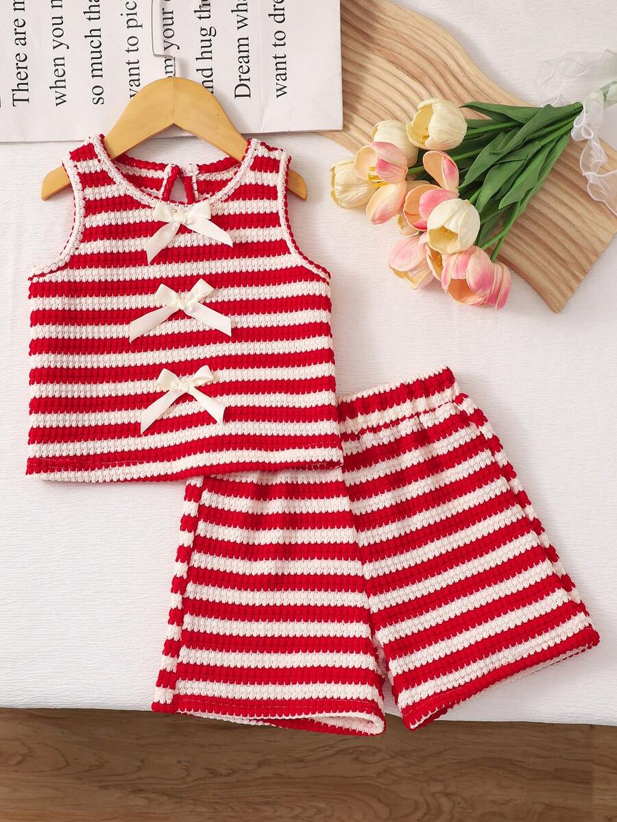 Souflis Souflis Young Girl Striped Textured Fabric Contrast Color 3D Bow Decor Round Neck Tank Top And Casual Shorts Set For Daily Outings - Red - View 1