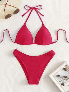 Swim Basics 女款夏季海灘純色掛脖綁帶性感時尚比基尼兩件式泳衣套裝，含鋼圈胸墊 - 玫紅色 - 查看 4