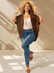 EMERY ROSE Chaqueta casual de talla grande para vacaciones con unicolor, dobladillo asimétrico y mangas de murciélago, primavera/verano - Marrón Chocolate - Ver 7