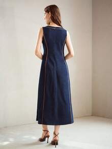 MOTF PREMIUM VESTIDO DE MEZCLILLA SIN MANGAS CON RIBETE DE CONTRASTE PARA MUJER - Azul - Ver 3