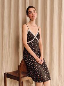 lacRébo Schwarzes Blumen-Polka-Dot-Spaghettiträger-Kleid in Knielänge mit weißem Spitzenbesatz und Bustier-Design - Schwarz - Übersicht 5