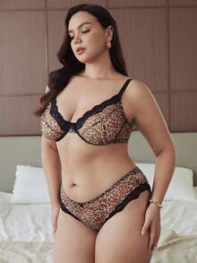 Slumbrini 1 Set Women's Solid Color Leopard Lace Underwire Bra & Panty Set - Multicolor - View 7