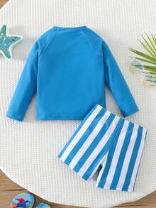 SHEIN Unisex Baby 2pcs/Set Green Striped Long Sleeve Swimsuit And Swim Trunks Set, Sun Protection Swimwear For Beach, Swimming, Vacation - Dusty Blue - View 2