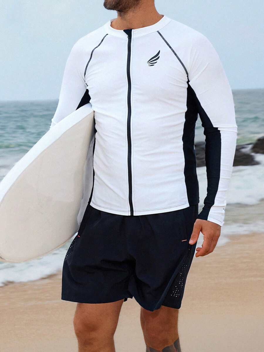 DAZY Men's Patchwork Color Block Letter Print Zipper Front Rash Guard Swimwear Vacation Summer - Multicolor - View 1