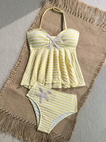 SHEIN Tween Girl Patchwork Striped Sweet Halter Neck Tank Top And Triangle Bikini Bottom Swimsuit Set - Yellow - View 7