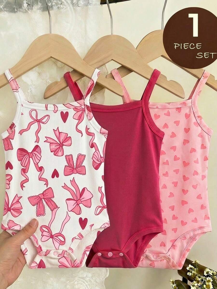 LMoss Kids Pink Cute Bow Heart Print Baby Girl Casual Bodysuit, Suitable For Spring & Summer Rompers For Baby Girl Baby Girls Clothes Summer - Pink - View 1
