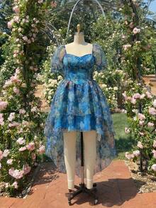 SHEIN MOD Plus Size Summer Casual Floral All-Over Print High-Low Hem Dress - Blue - View 6