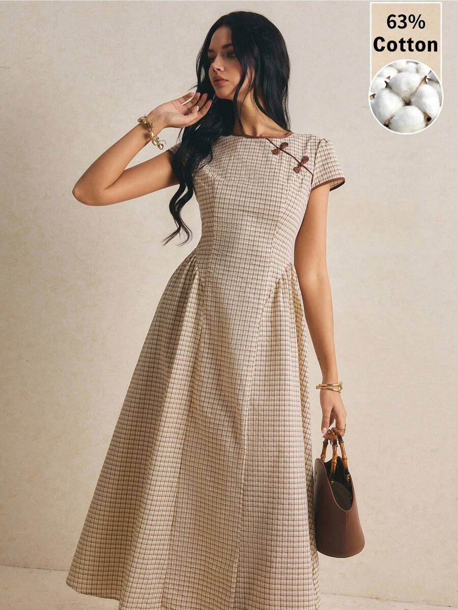 Poéselle 女款格紋印花鈕扣式優雅長袖洋裝,純棉格紋洋裝,鄉村風女裝洋裝 - 卡其色 - 查看 1