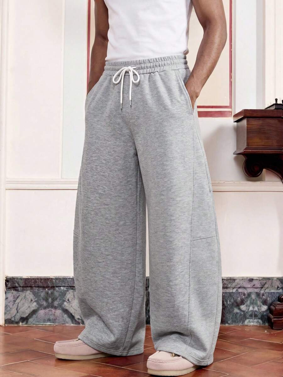 NORVETH Men's Casual Loose Sweatpants, Black, With Ribbon Patchwork & Embroidery, Spring/Autumn,Wide Leg - Grey - View 1