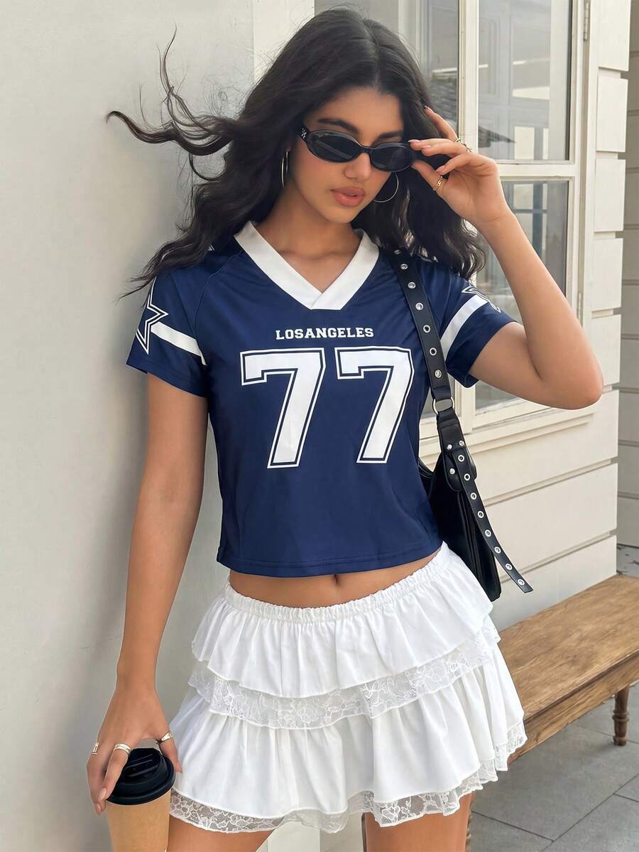 Aidyla 女款深藍色短袖復古撞色V領短版修身T恤 - 藏蓝色 - 查看 1