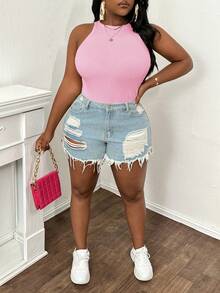 Slaydiva Plus Size Casual Basic Slim Fit Pink Round Neck Off-Shoulder Tank Top-C Holiday Summer - Pink - View 6