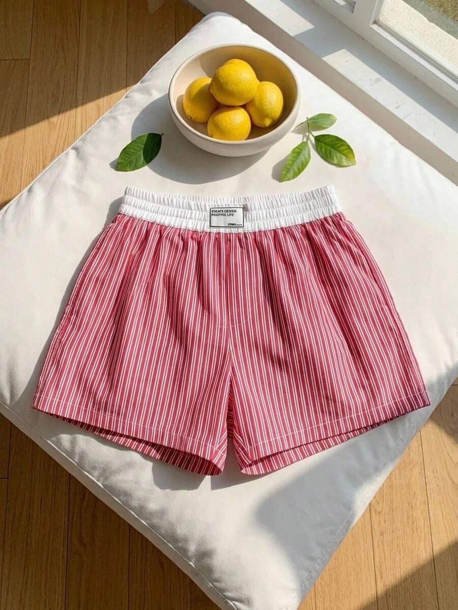 SHEIN MOD 女款休閒條紋彈性腰短褲,夏季 - 紅白色 - 查看 1