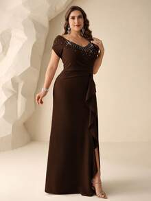 Coutiva Plus Size Women's Rhinestone Decorated Patchwork Ruffle Elegant Bridal Mother Dress - Brown - View 4