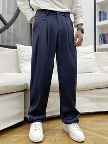 Manfinity Hypemode Men's Casual Office Wear Solid Color Suit Pants For Ceremony, Formal - Navy Blue - View 4