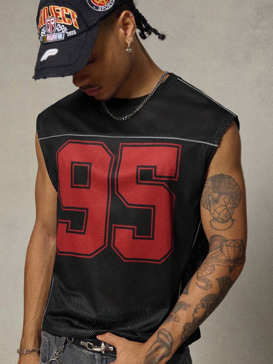 FRESIVO Men's Digital Print Contrast Color Casual Versatile Round Neck Tank Top - Black - View 1