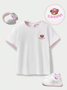 Casuvi Kids Casuvi 青少年女孩 T-Shirt 1 件，彈性針織舒適面料套頭圓肩 T-Shirt，卡通熊印花裝飾，領口與袖口定位印花仿貝殼設計，適合春夏日常休閒穿著 - 白色 - 查看 7