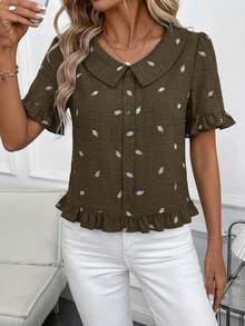SHEIN Clasi 女款夏季翻領荷葉邊上衣優雅百搭藍色上衣 - 棕色 - 查看 3