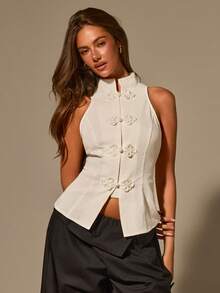 Athîral Women's Casual Chinese Style Sleeveless Button Vest, Summer Fashion, Summer Top, Date & Party - White - View 1