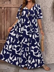 SHEIN CURVE+ 大尺碼 US22 音樂節海邊度假波希米亞風女款寬鬆碎花V領短袖娃娃洋裝教師裙 - 彩色 - 查看 3