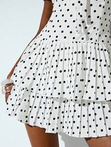 Aveloria GENKIRA Summer White And Black Polka Dot Hollow Lace-Up Small Stand Collar Short Sleeve Waist-Cinching Dress Women's Vintage French Tea Party Brunch - Multicolor - View 7
