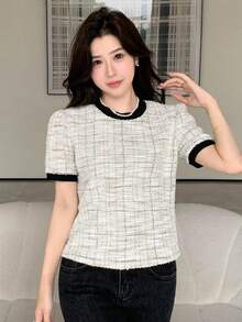 DAZY 女款夏秋圓領短袖修身白色格紋粗花呢布料黑色滾邊T恤 - 黃色 - 查看 7