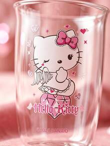 HELLO KITTY AND FRIENDS | SHEIN 1個 Hello Kitty 透明玻璃杯，可愛天使與粉紅愛心印花高硼矽玻璃杯，耐熱可愛飲水杯，適合咖啡、水、果汁，適用於居家、辦公室及女孩禮物 - 彩色 - 查看 4