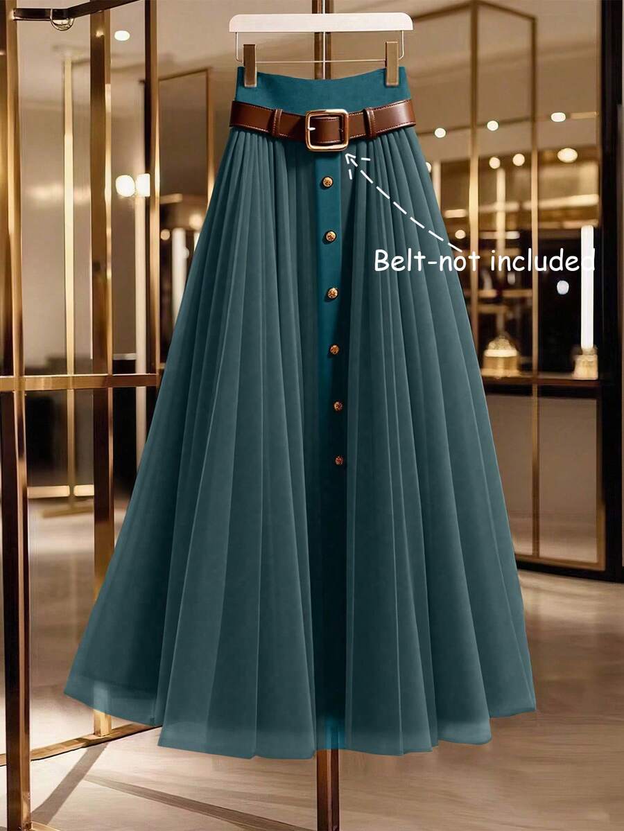 EMERY ROSE Women's Elegant Mesh Patchwork Button Decor Casual Commuter Skirt - Teal Blue - View 1