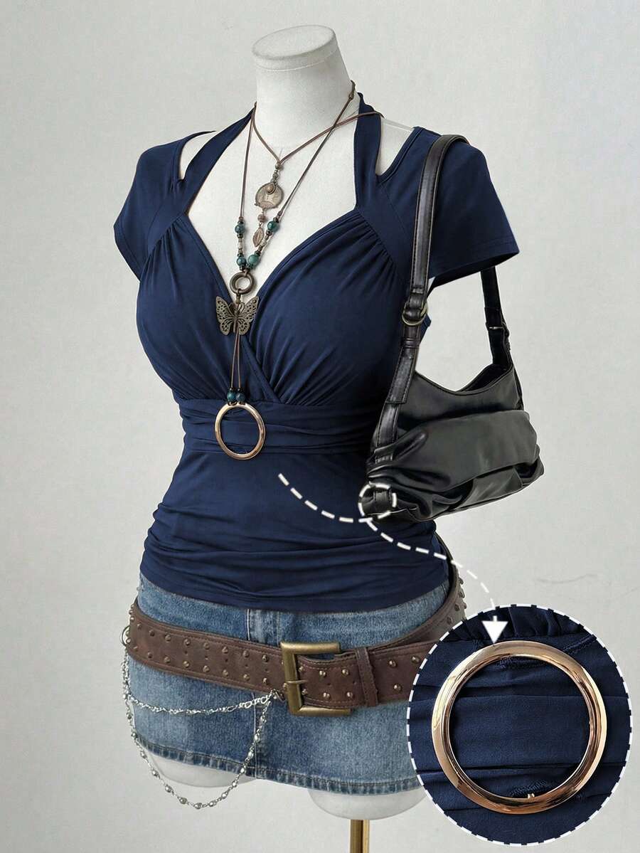 Sunspun Plus Size Women Square Neck Ruched Long Sleeve Tight Fit Metal Ring Elegant Vintage Casual Home Brown T-Shirt - Blue - View 1