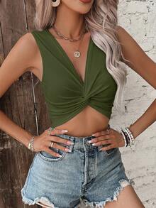 SHEIN Frenchy Solid Color Deep V-Neck Twisted Ruched Summer Casual Tank Top - Green - View 5