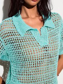 Barévion Bộ đồ dệt kim lưới rỗng phong cách kỳ nghỉ hè, áo polo cổ bẻ chống nắng + quần short 2 món - màu xanh lá - Xem 3