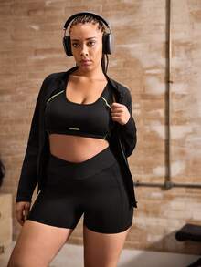 Powerista Women's Plus Size Summer Minimalist Solid Color Zipper Front Top And Shorts Sports Set - Black - View 7