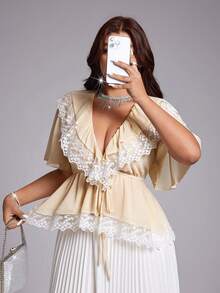 Viva Relle Plus Size Women's Sexy Celestial Elegant Bow Lace Trim Blouse Date Night Brunch Formal Wedding Guest All White Summer - Apricot - View 1