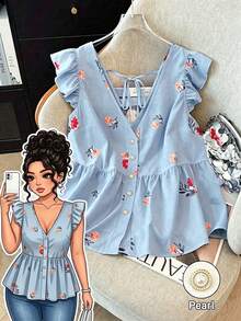 SHEIN LUNE CURVE Women's Plus Size Hooded Print Chiffon Blouse, Casual Open Front Vacation Style, Versatile Choice For Spring, Autumn And Summer - Dusty Blue - View 1