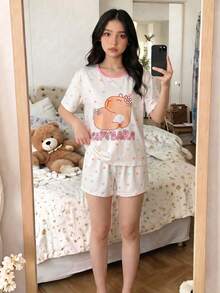 Conjunto de pijama divertido con estampado de corazón y carpincho para niña preadolescente, 2 piezas - Albaricoque - Ver 8