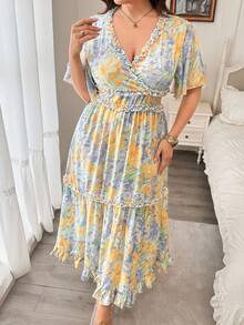 Modelyn Women's Spring/Summer Ditsy Floral Ruffle Hem Deep V-Neck Sexy Plus Size Dress - Multicolor - View 4