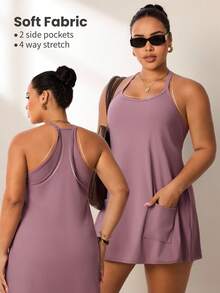 Easithlete Plus Size Women's Summer Minimalist Solid Color Patchwork Pocket Racerback Sports Dress - Dusty Purple - View 1