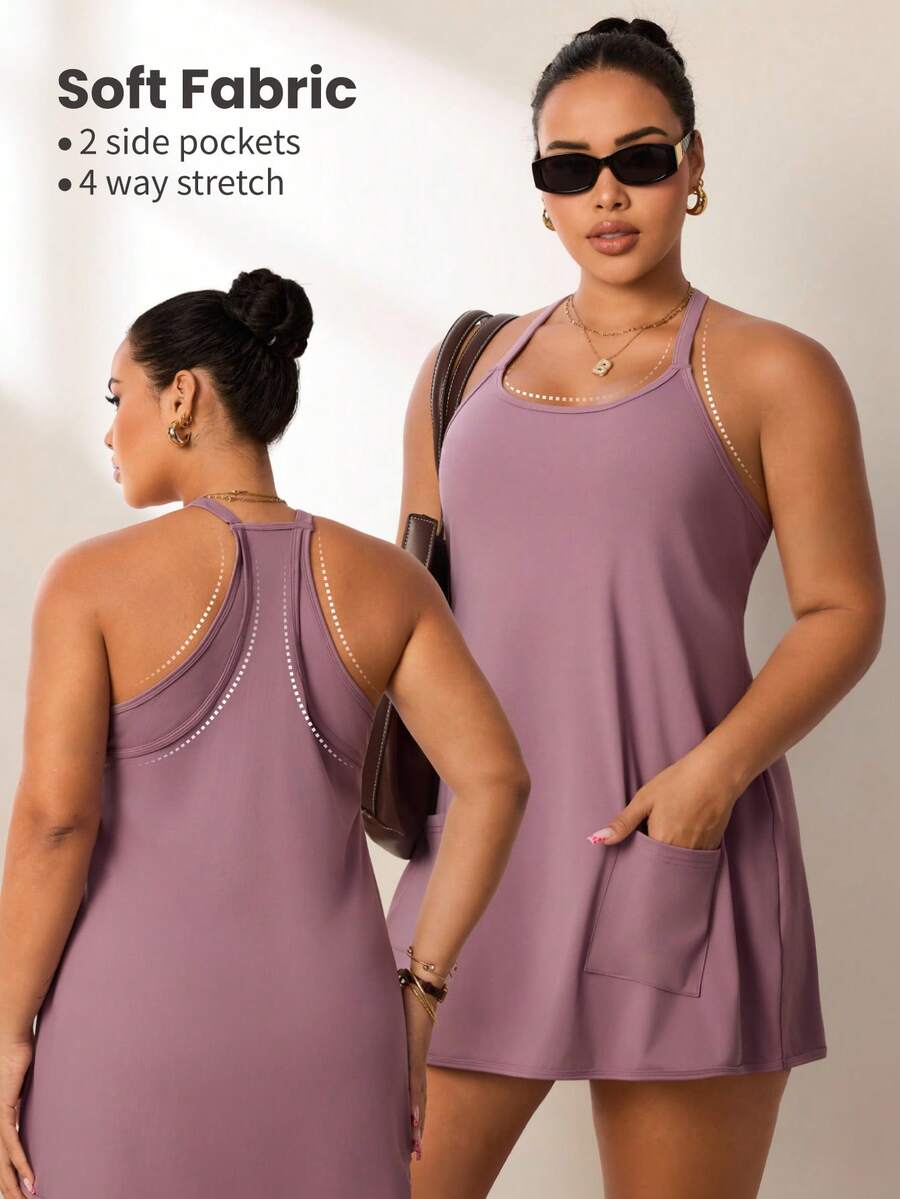 Easithlete Plus Size Women's Summer Minimalist Solid Color Patchwork Pocket Racerback Sports Dress - Dusty Purple - View 1