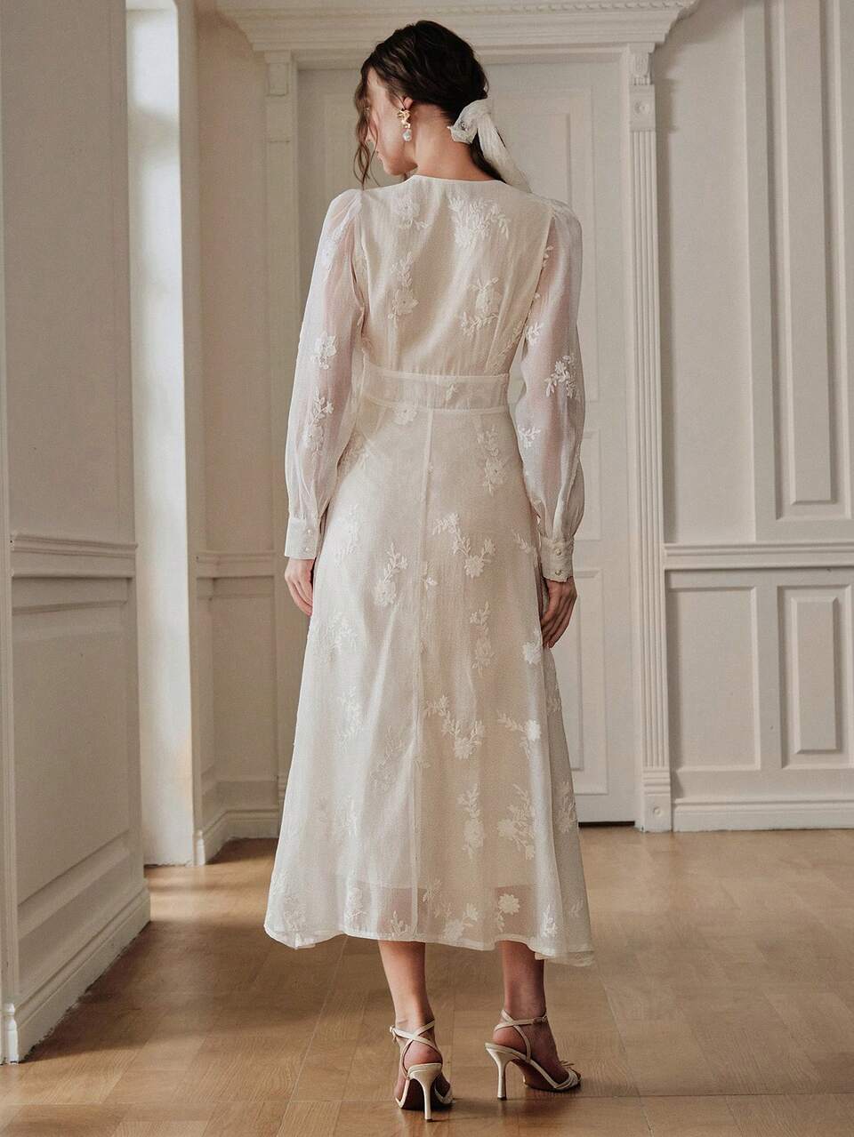 Anewsta Elegant V-Neck White Embroidered Woven Dress For Women's Gatherings