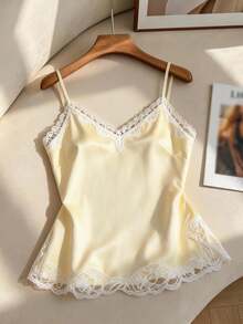 Franclia Plus Size Women's Elegant Yellow Summer Everyday Camisole Top,V-Neck Contrast Lace Trim Hem & Side Slit,Adjustable Strap Loose Crinkle Fabric Vintage - Pale Yellow - View 1